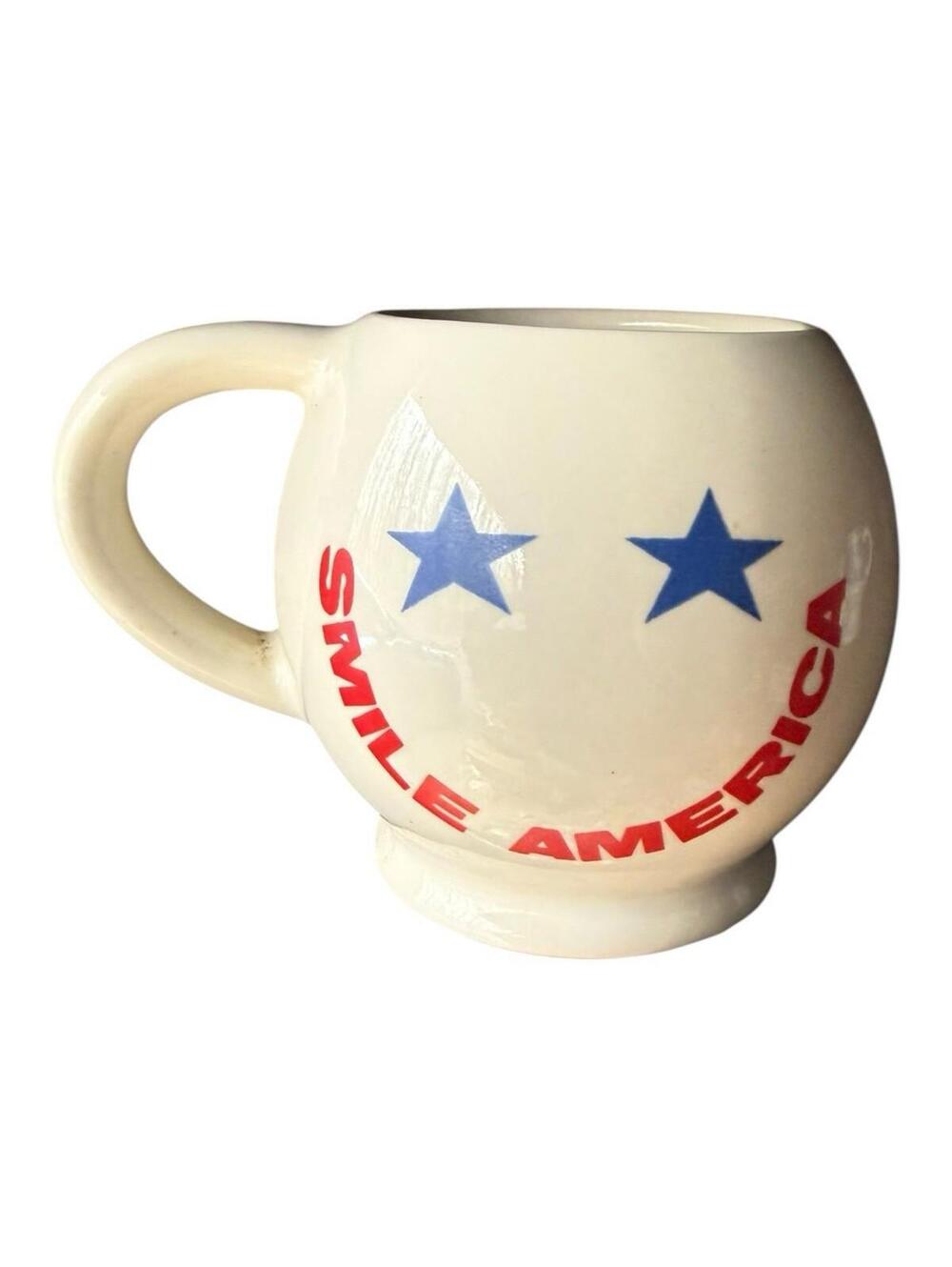 Smiley Face McCoy Vintage Mug in White with Blue Star Eyes and SMILE AMERICA